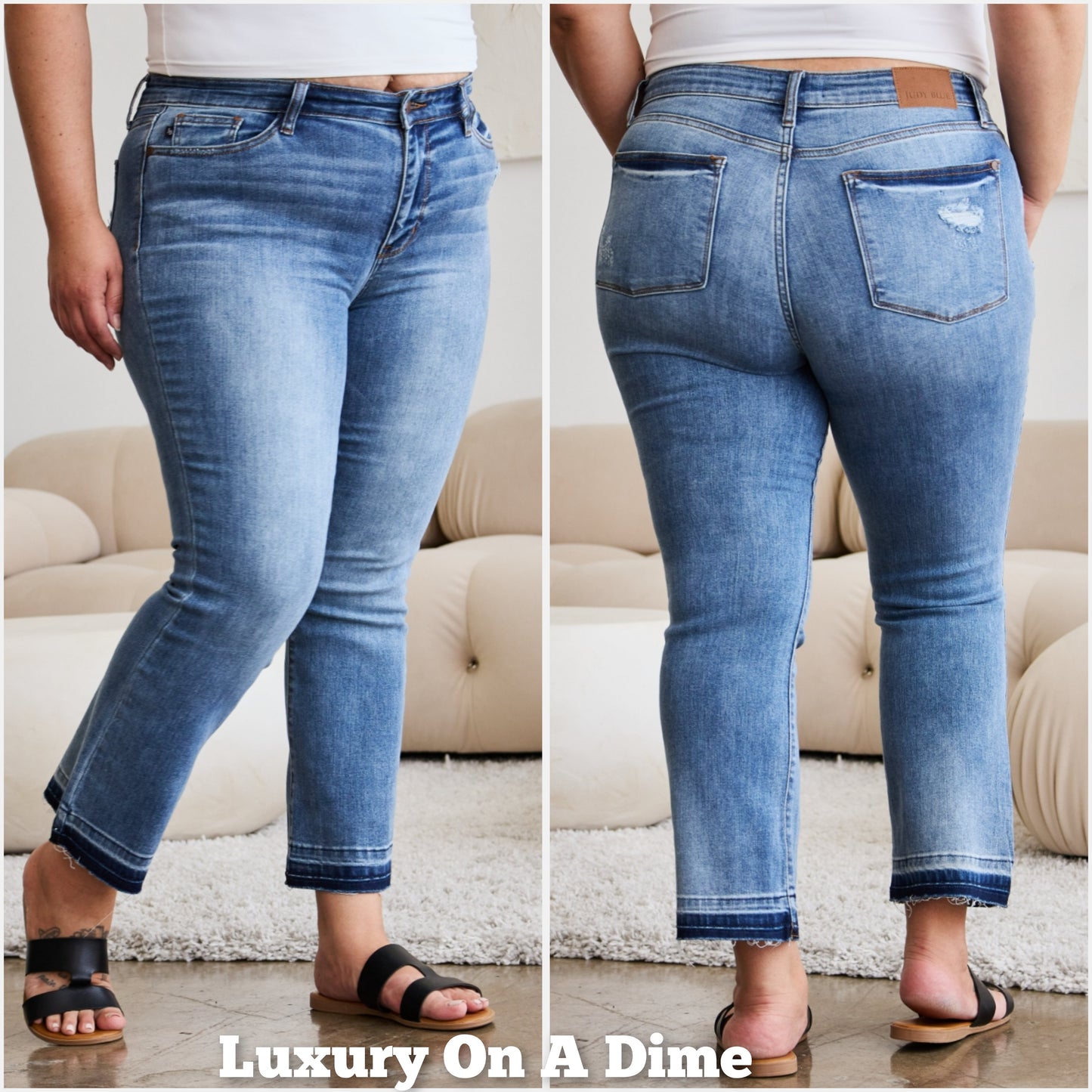 Judy Blue Mid-Rise Raw Distressed Wide Bootcut Cropped Hem Denim Jean Pants