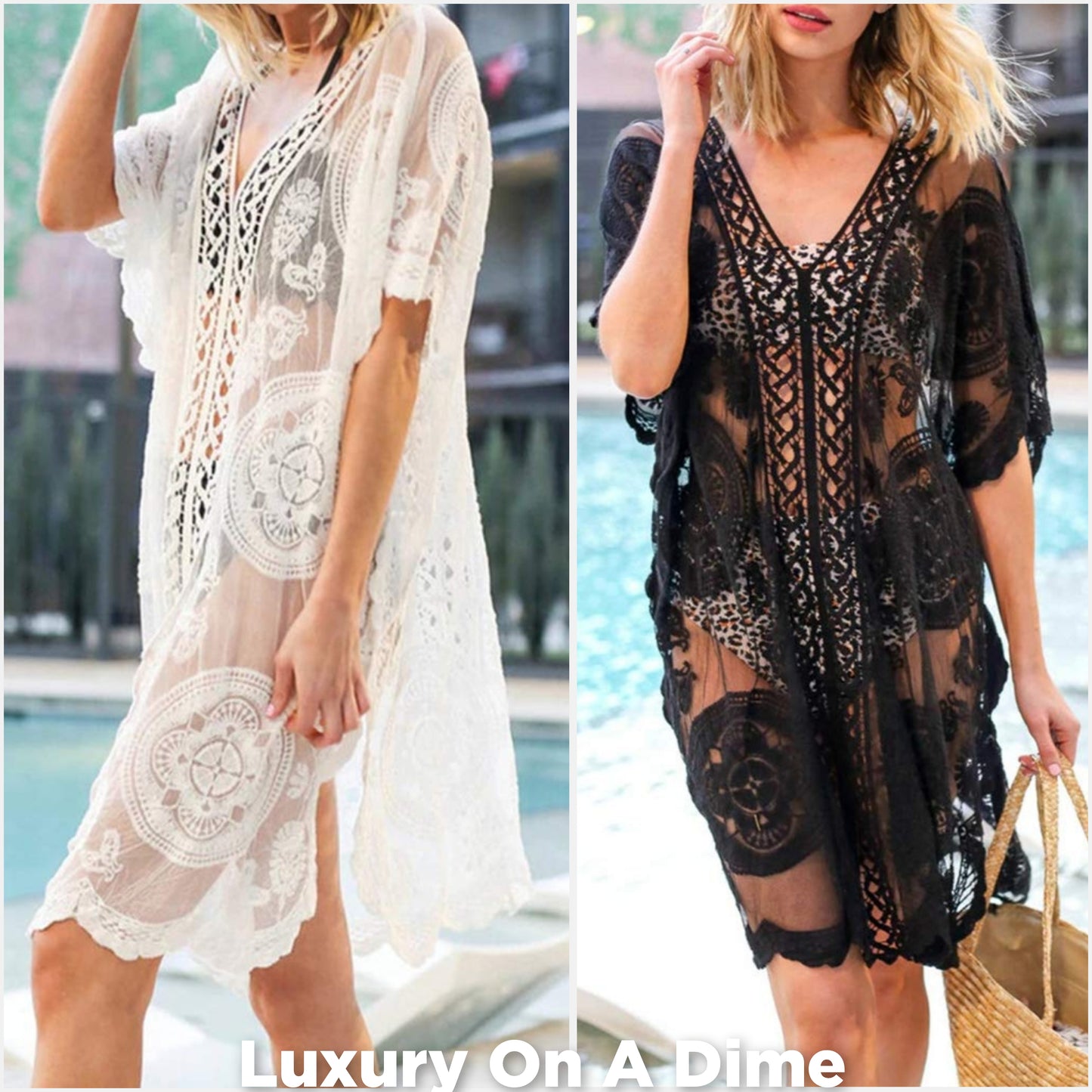 Lace Bohemian Swimwear Coverup Dress Elegant Retro Oversized Knee Length Sheer Swim Cover