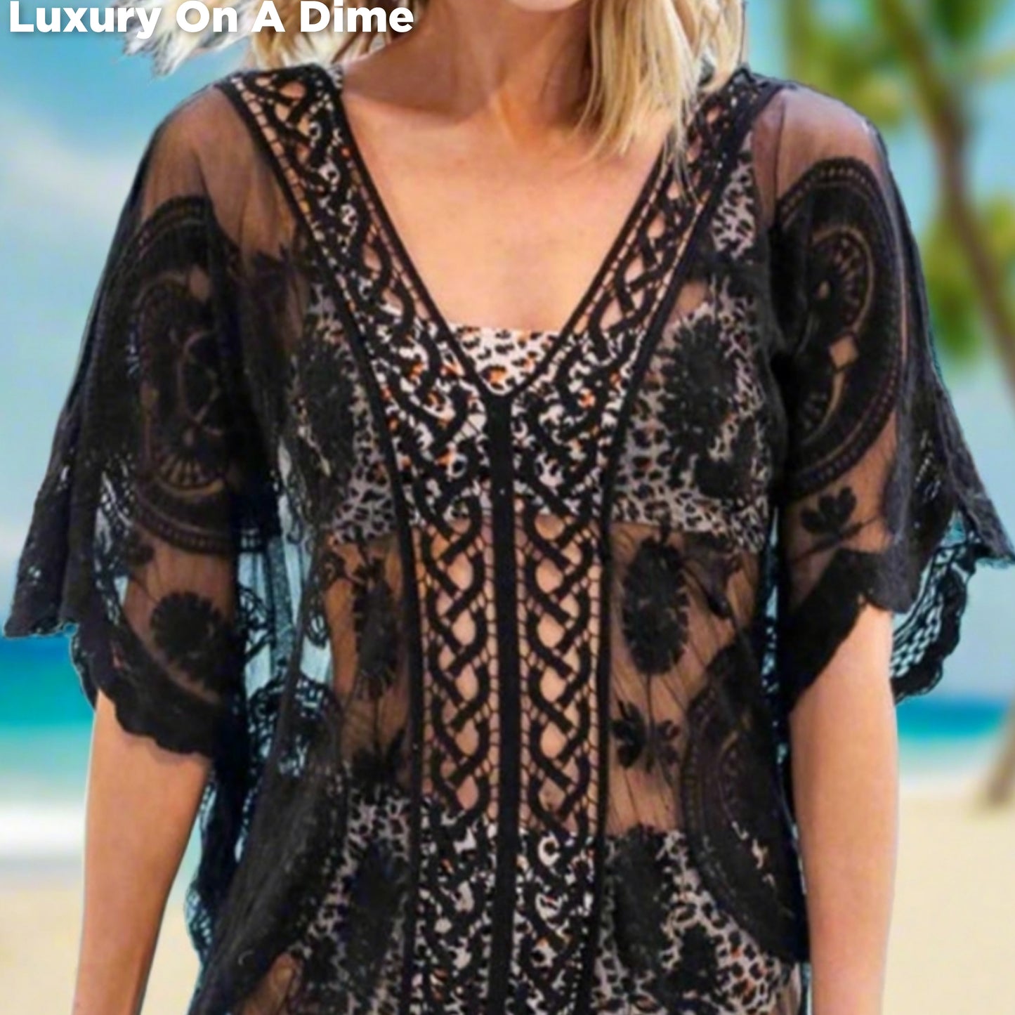 Lace Bohemian Swimwear Coverup Dress Elegant Retro Oversized Knee Length Sheer Swim Cover