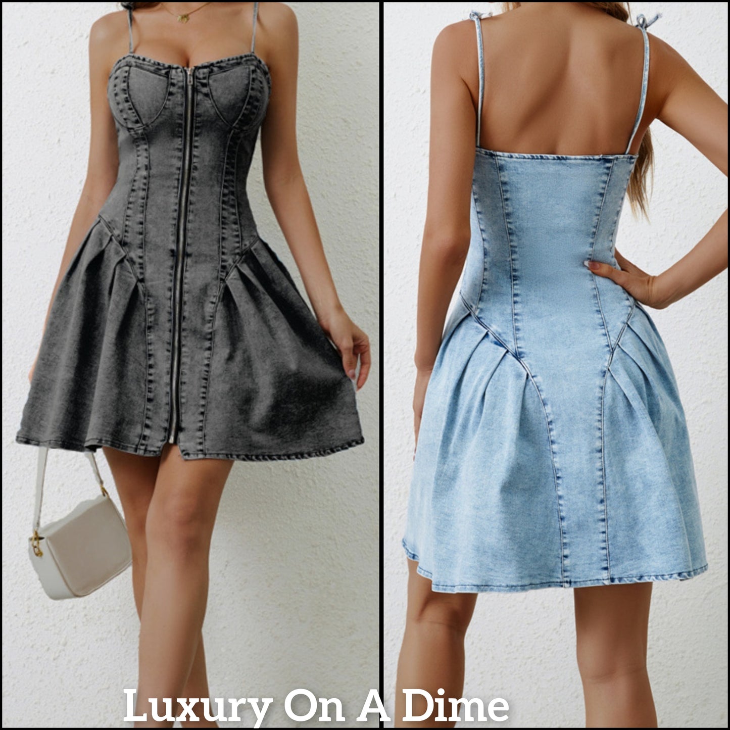Retro Denim Dress Sweetheart Full Zip Sleeveless Pleated Flare Jean Mini