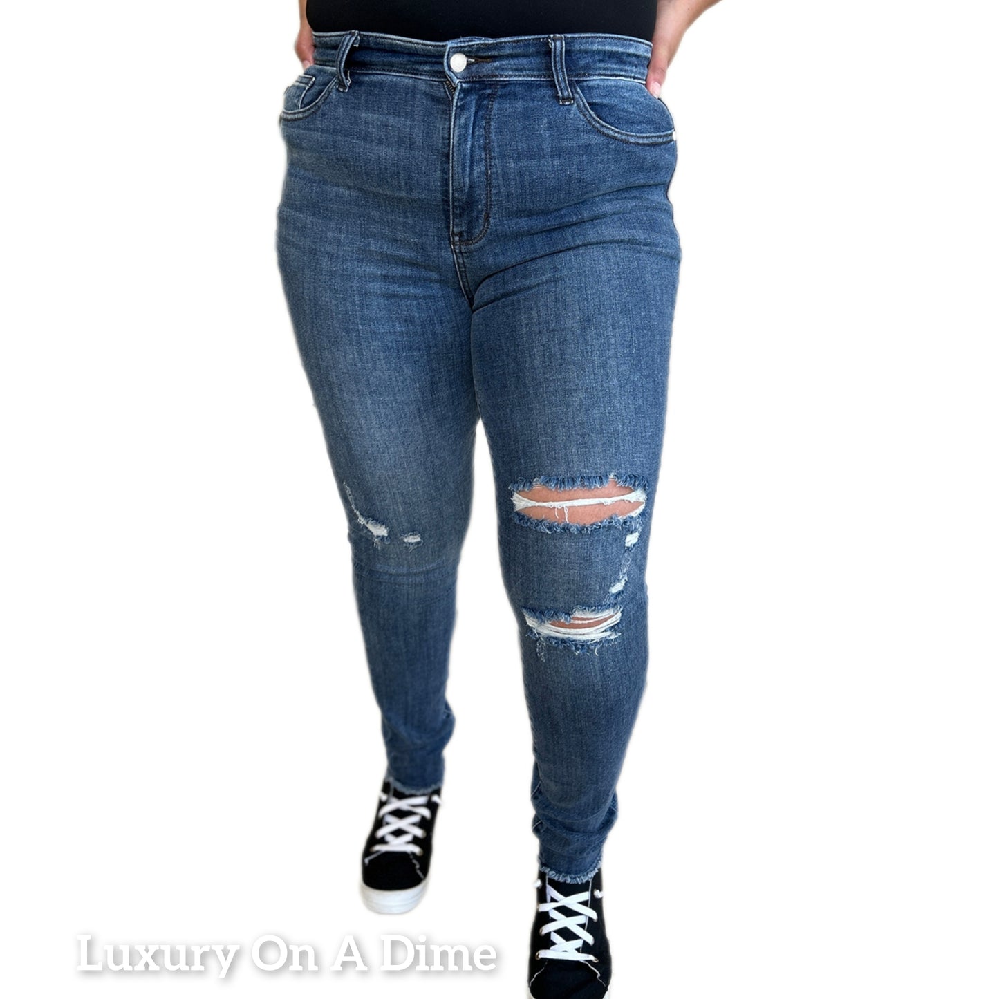 High Waist Skinny Stretch Distressed Slim Fit Torn Denim Raw Hem Jean Pants Judy Blue