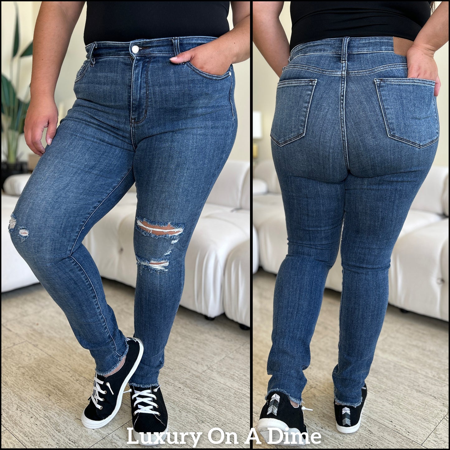 High Waist Skinny Stretch Distressed Slim Fit Torn Denim Raw Hem Jean Pants Judy Blue