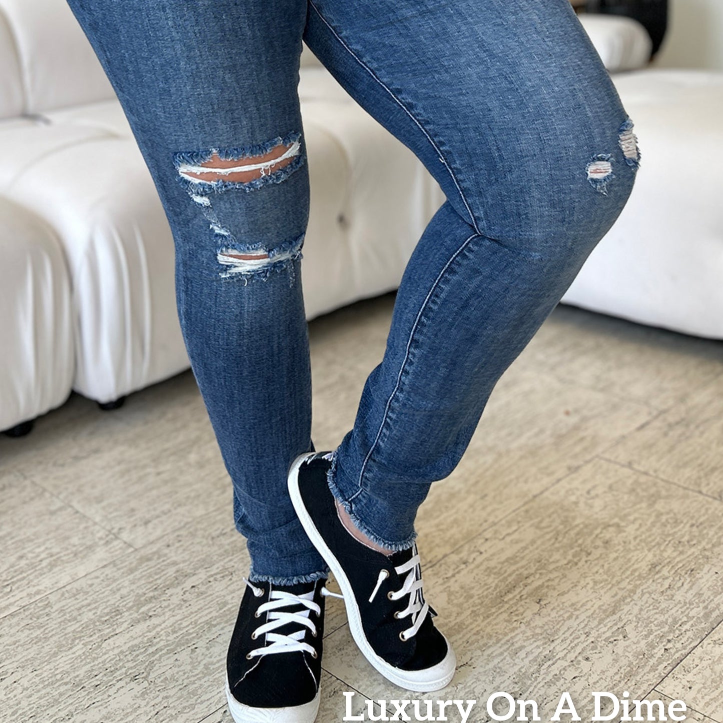 High Waist Skinny Stretch Distressed Slim Fit Torn Denim Raw Hem Jean Pants Judy Blue