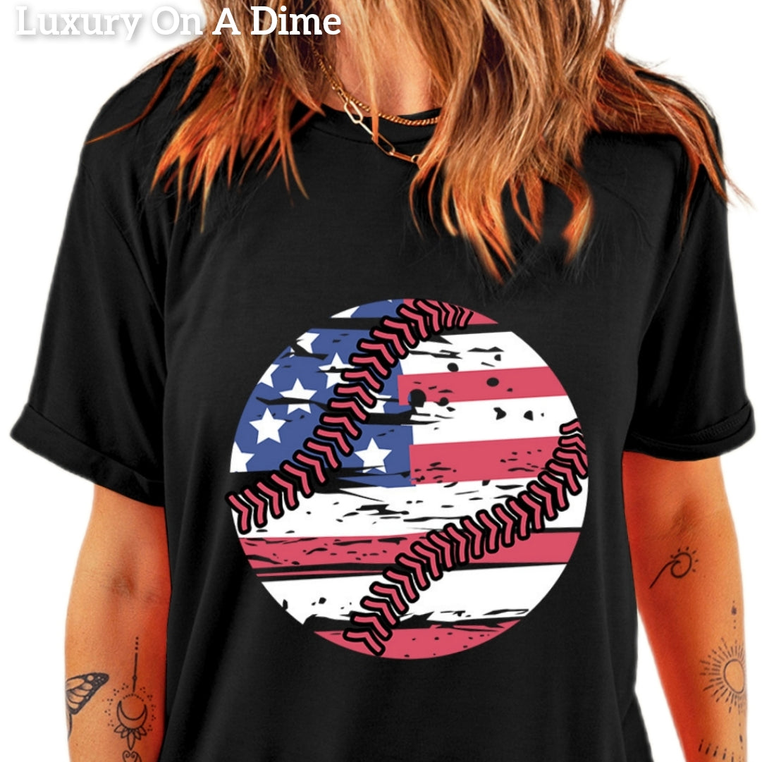 Baseball American Flag Graphic Shirt Patriotic Womens Top Lightweight Short Sleeve