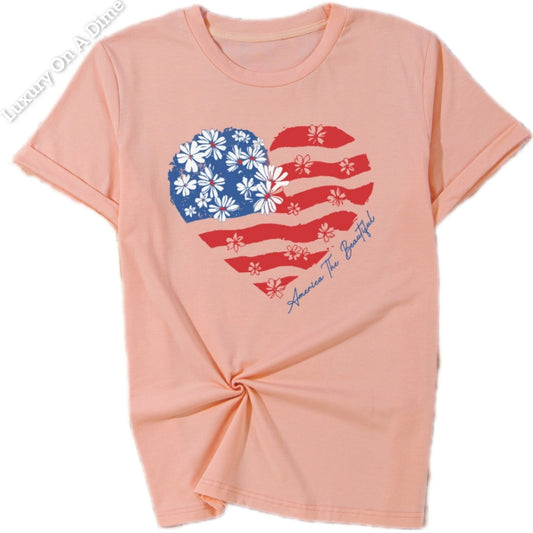 America The Beautiful American Flag Graphic Shirt Patriotic Floral Heart Top