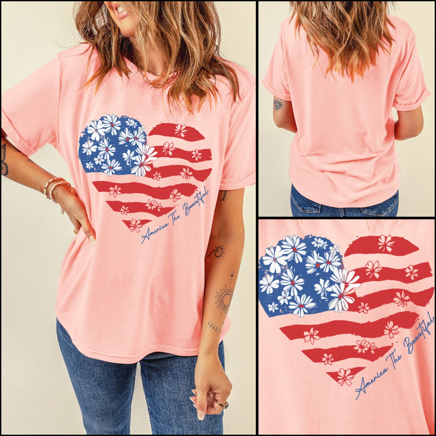 America The Beautiful American Flag Graphic Shirt Patriotic Floral Heart Top