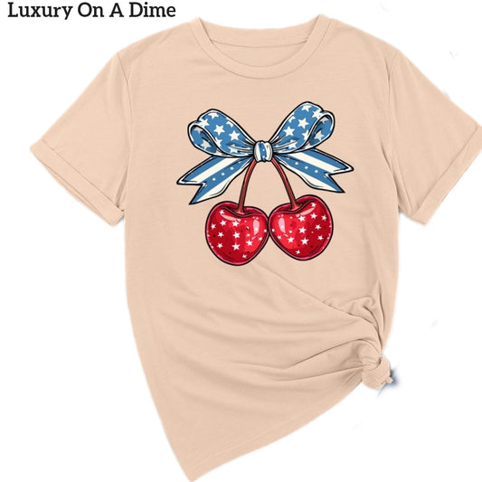 Cherry Bow American Flag Graphic Shirt Americana Patriotic Short Sleeve Top