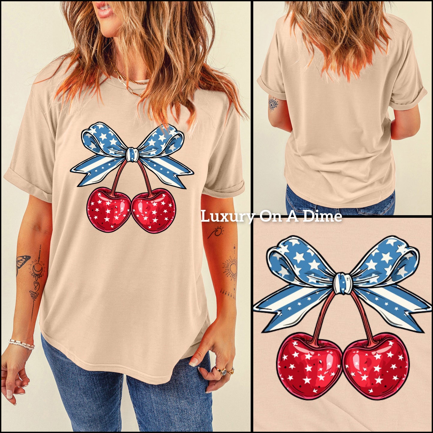 Cherry Bow American Flag Graphic Shirt Americana Patriotic Short Sleeve Top
