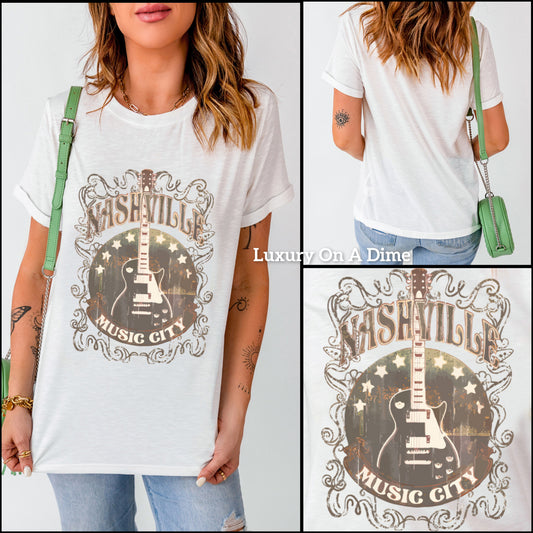 Nashville Music City Rustic Graphic Shirt Retro Guitar Americana Short Sleeve Top