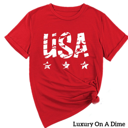 Rustic USA American Flag Graphic Shirt Americana Patriotic Short Sleeve Top