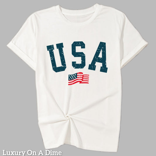 Rustic American Flag USA Graphic Shirt Americana Patriotic Short Sleeve Top