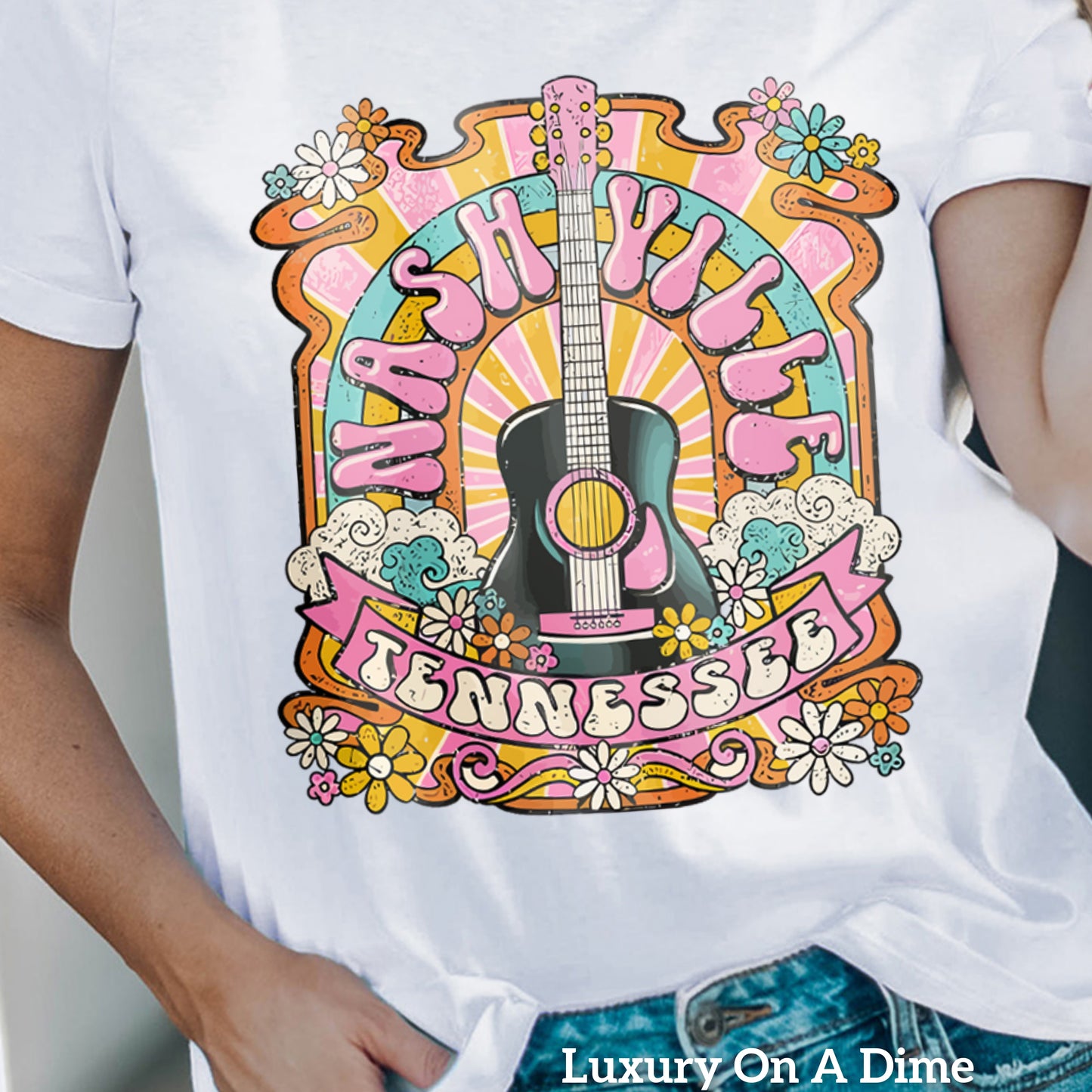 Groovy Nashville Music City Hippie Shirt Retro Guitar Americana Short Sleeve Top