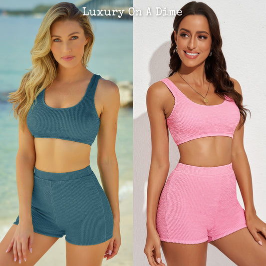 Activewear 2-piece Outfit Soft Sports Bra Crop Top Shorts Textured Matching Set