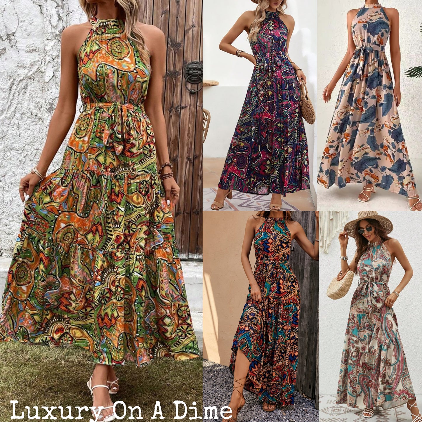 Grecian High-Neck Tie Belt Sleeveless Bold Colorful Tiered Maxi Summer Dress