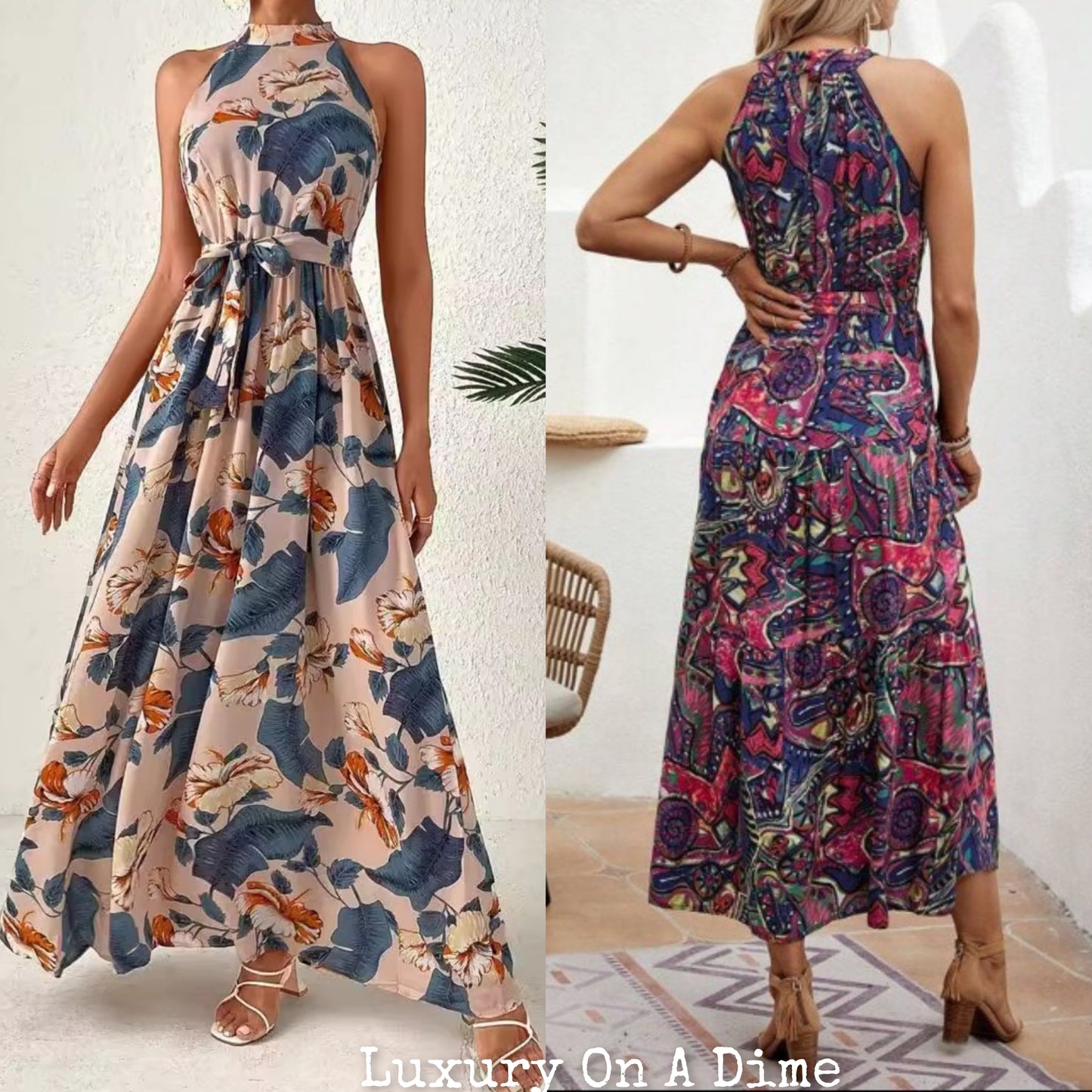 Grecian High-Neck Tie Belt Sleeveless Bold Colorful Tiered Maxi Summer Dress
