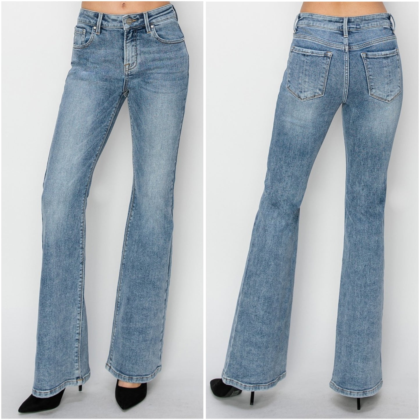 RISEN Classic Mid-Rise Jeans Slim Traditional Bootcut Wide Hem Denim Pants