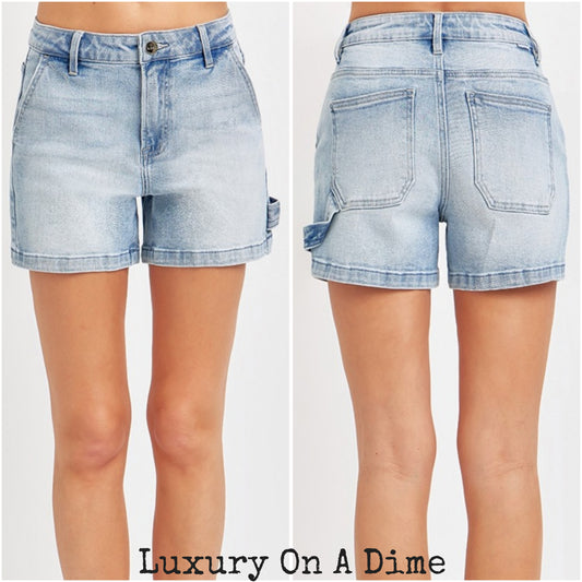 RISEN High Rise Denim Retro 90s Carpenter Hammer Loop Mid-Length Jean Shorts
