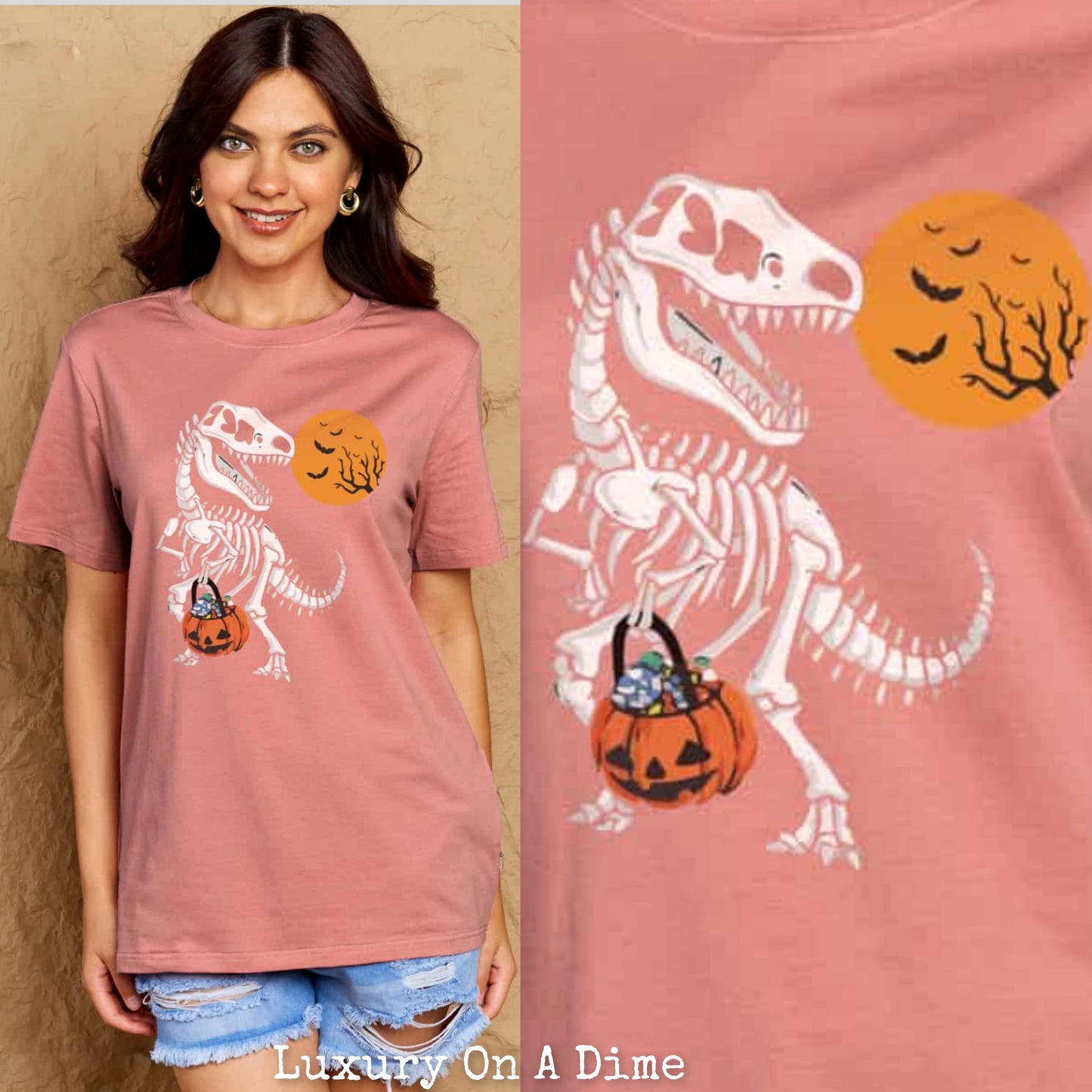 T-Rex Skeleton Trick or Treating Dinosaur Funny Graphic Tee Shirt Halloween Top