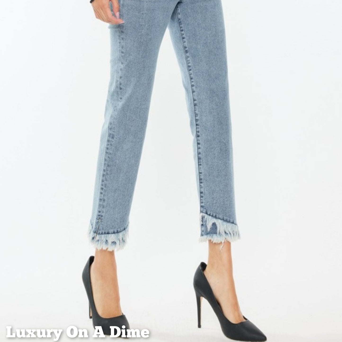KanCan High-Rise Straight Leg Frayed Fringe Double Raw Hem Jeans Denim Pants