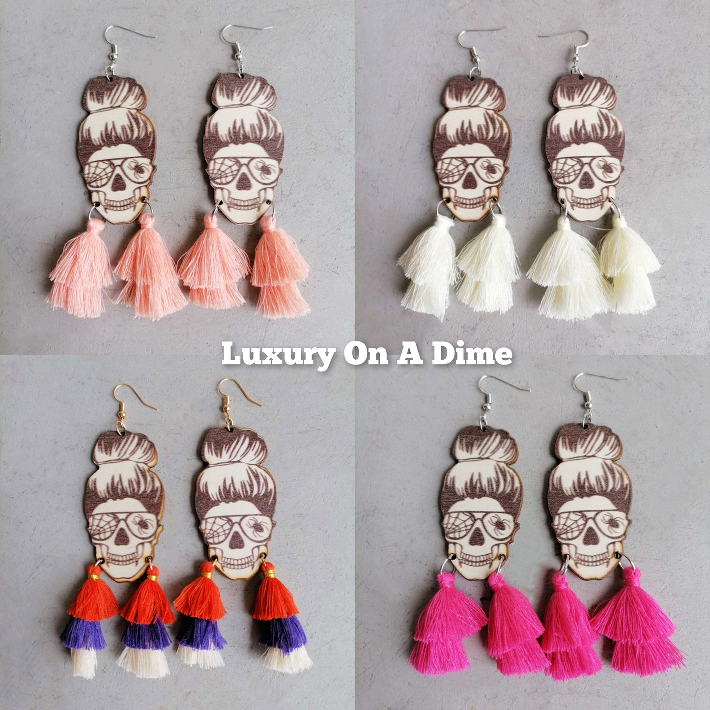 Messy Bun Wood Skeleton Tassel Dangle Earrings Halloween Artisan Jewelry