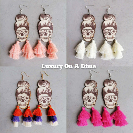 Messy Bun Wood Skeleton Tassel Dangle Earrings Halloween Artisan Jewelry