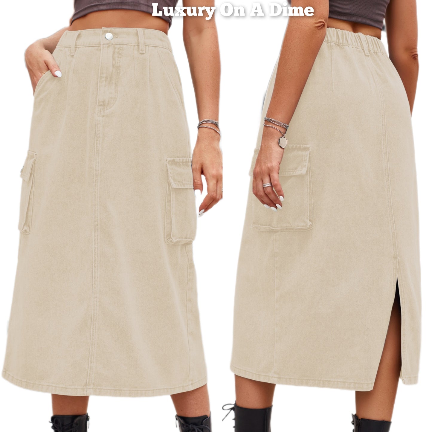 High-Rise Retro Cargo Side Pocket Elastic Waist Denim Jean Back Slit Midi Skirt