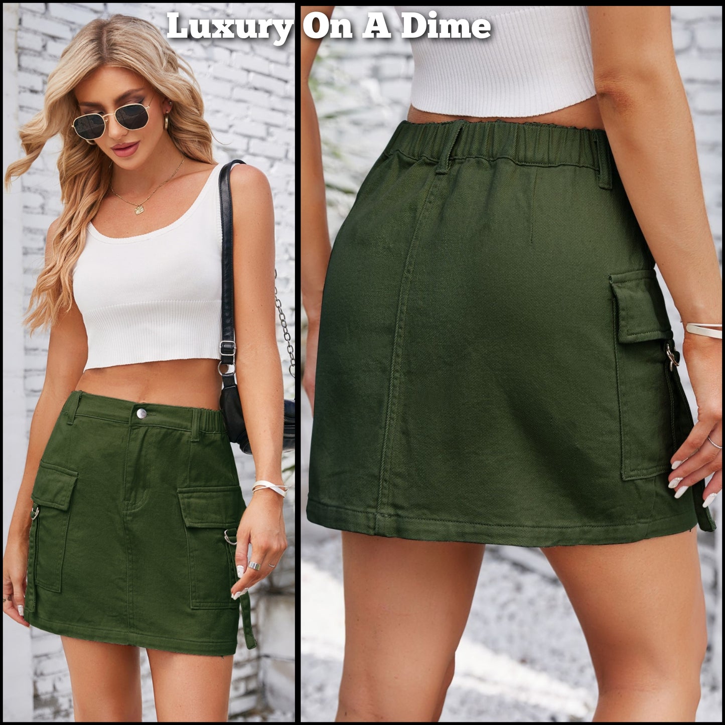 Denim Mini 90s Retro Cargo Side Pocket High-Rise Elastic Waist Jean Skirt