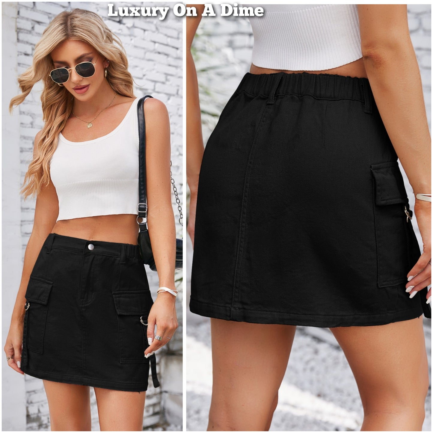 Denim Mini 90s Retro Cargo Side Pocket High-Rise Elastic Waist Jean Skirt
