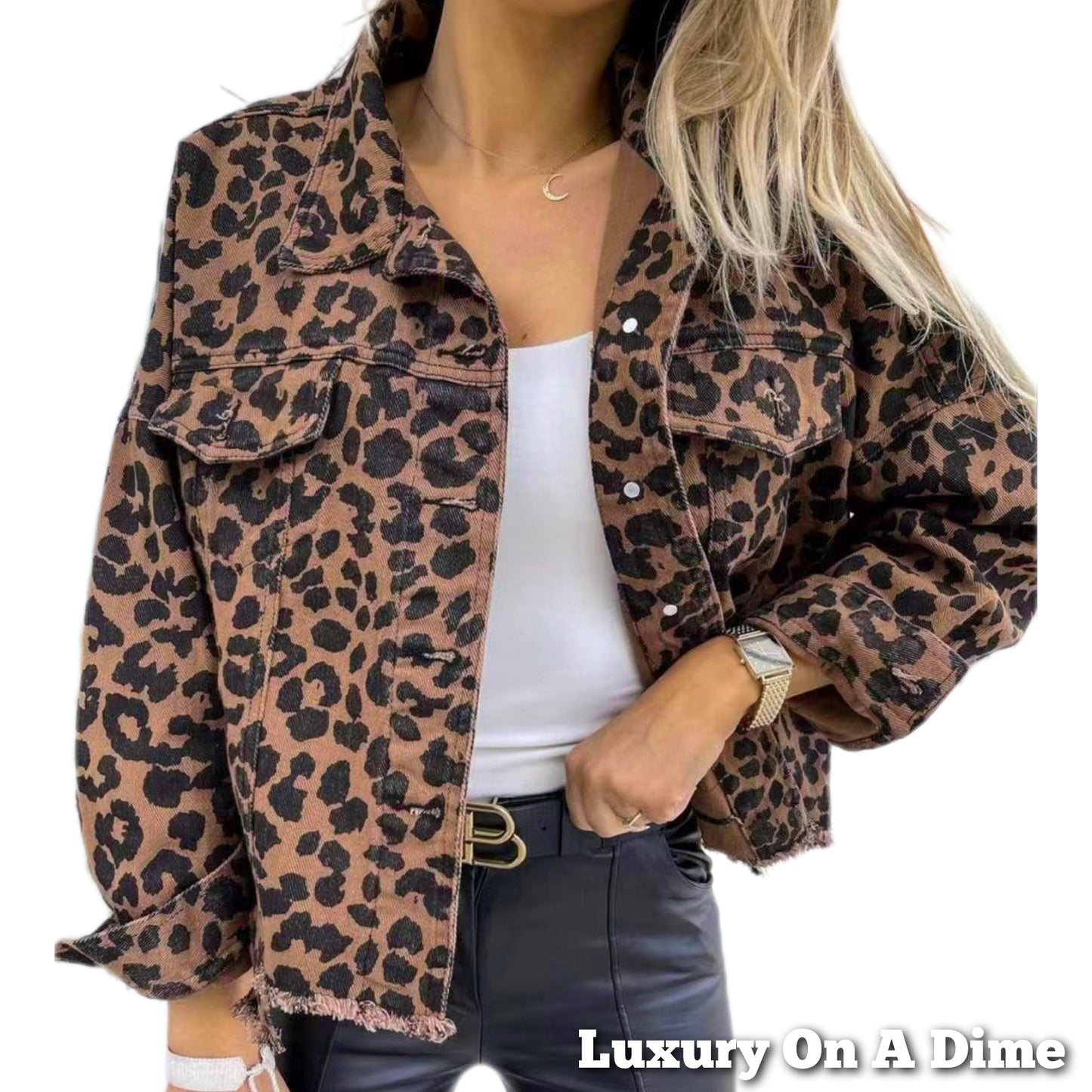 Leopard Print Denim Distressed Jean Jacket Button-Up Classic Collar Mobwife Glam