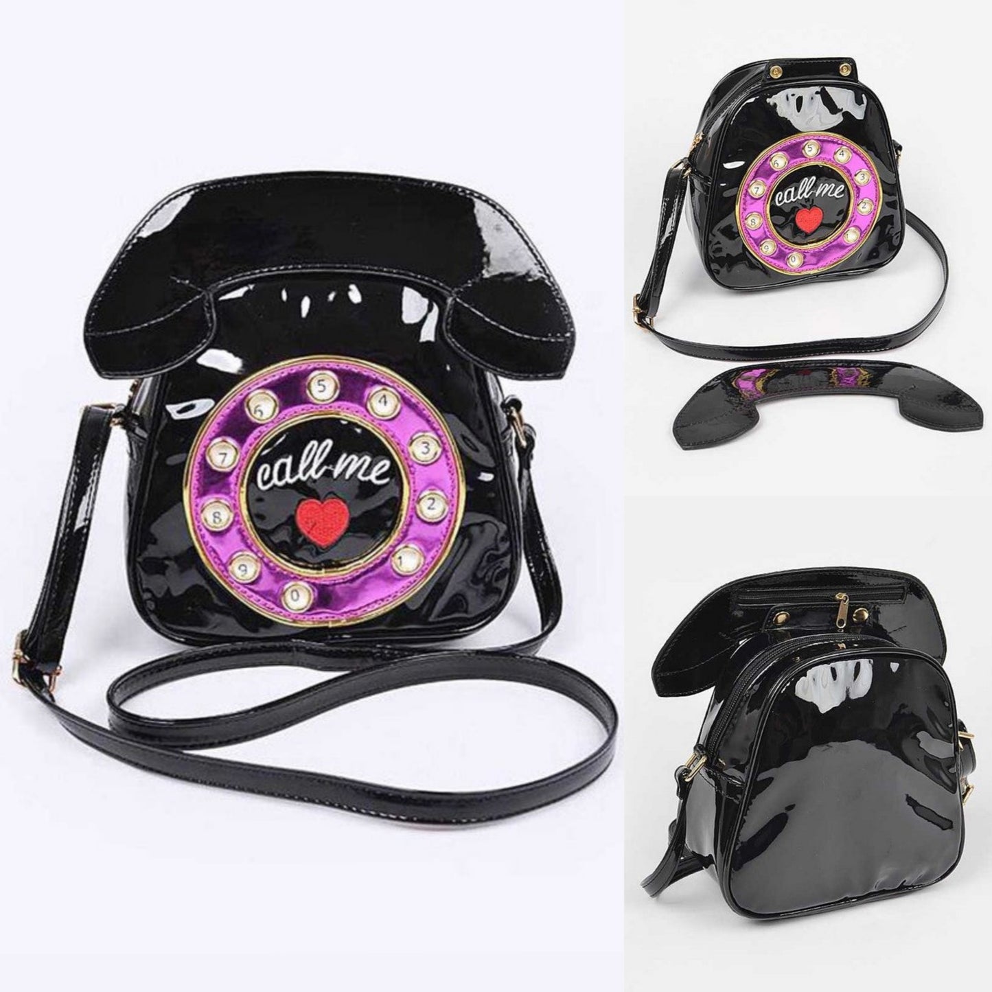 Retro Vintage Purse Rotary Phone Novelty Bag Crossbody Shoulder Vegan Patent Leather Fun Eclectic