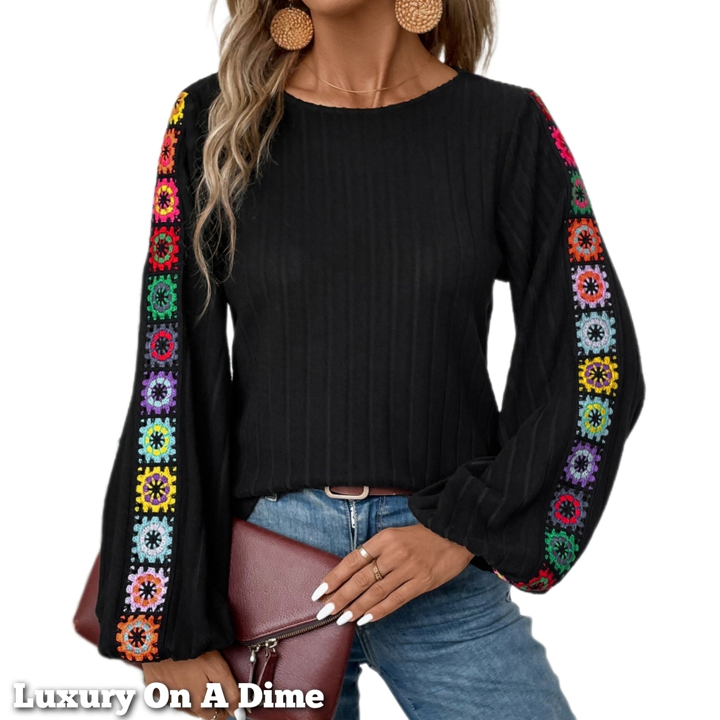 Colorful Embroidered Blouse Bohemian Long Sleeve Ribbed Shirt Round Neck Retro Hippie Top