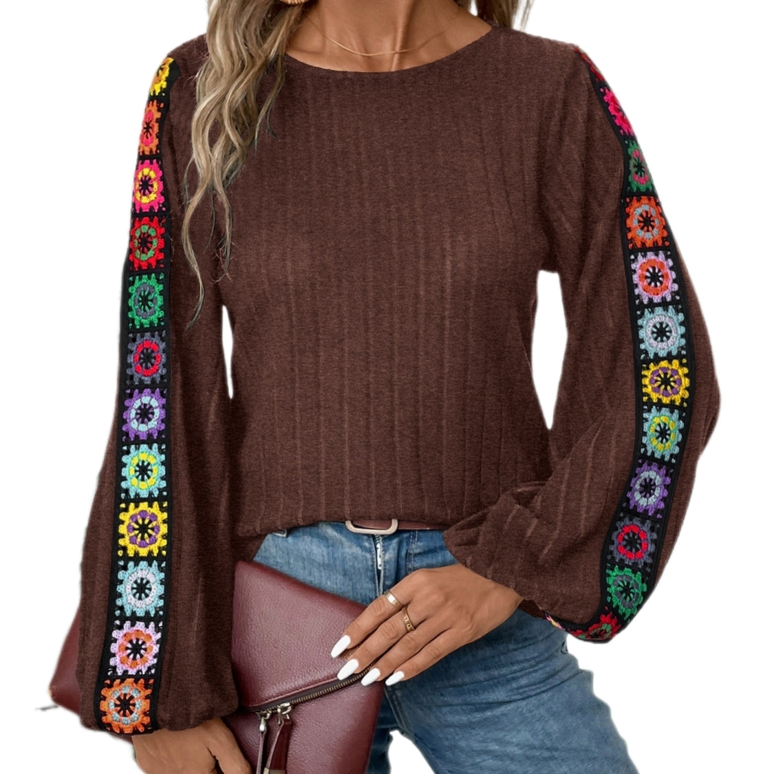 Colorful Embroidered Blouse Bohemian Long Sleeve Ribbed Shirt Round Neck Retro Hippie Top