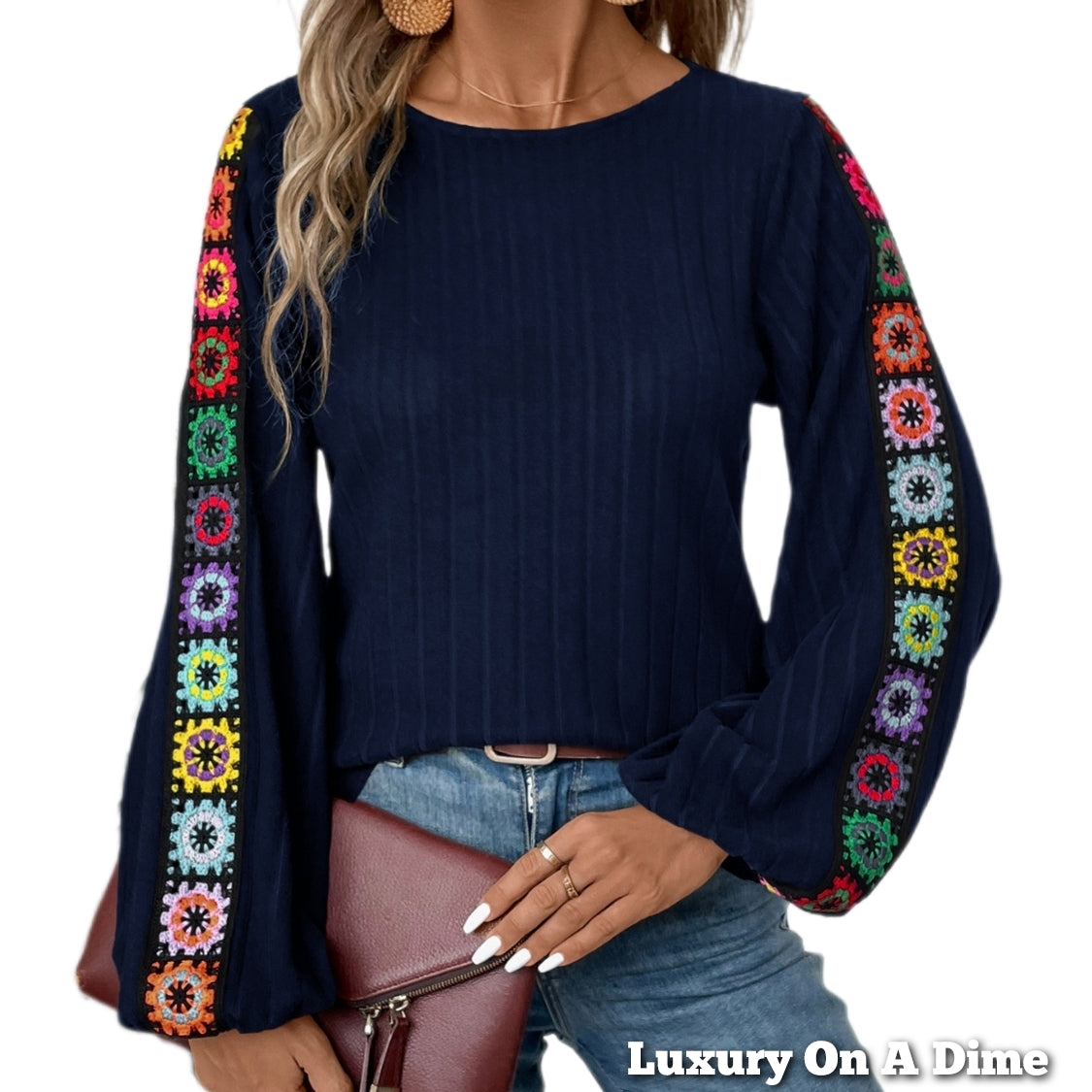 Colorful Embroidered Blouse Bohemian Long Sleeve Ribbed Shirt Round Neck Retro Hippie Top