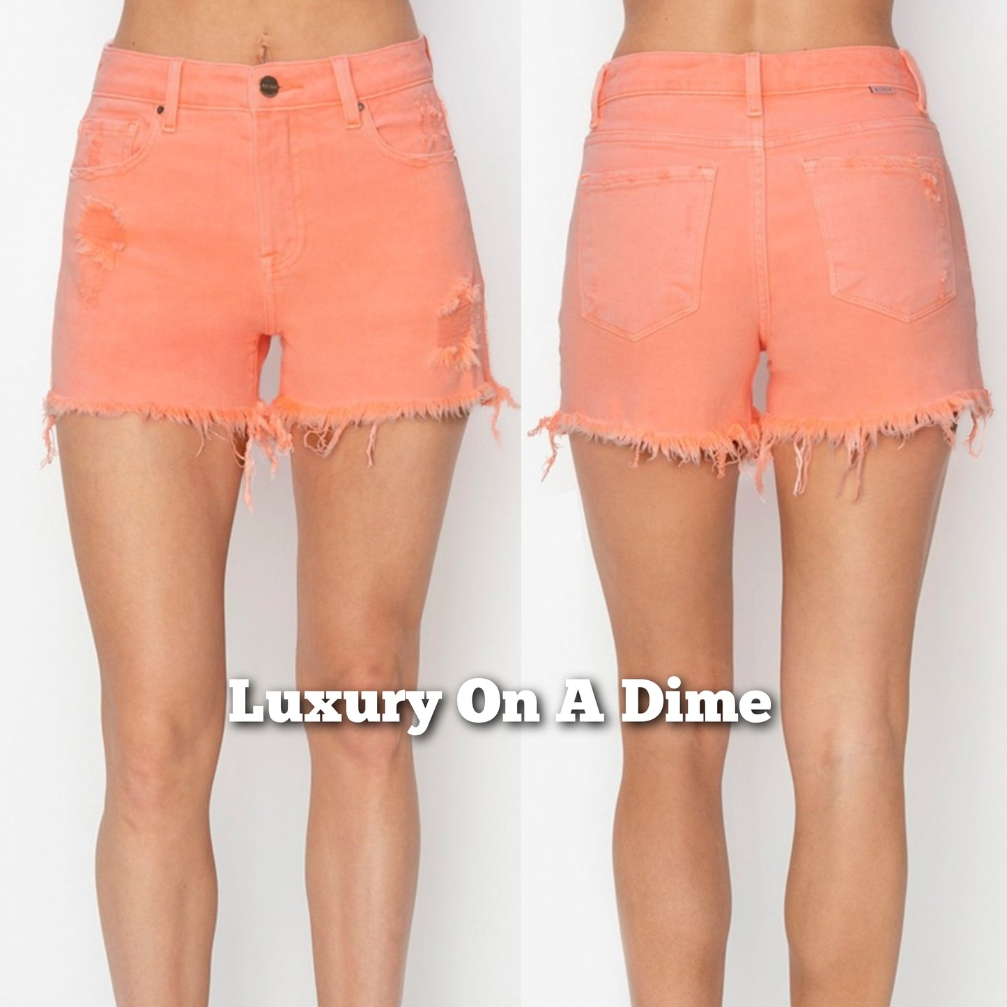 RISEN High Rise Waist Distressed Torn Denim Cut-off Frayed Mid-length Pink Jean Shorts