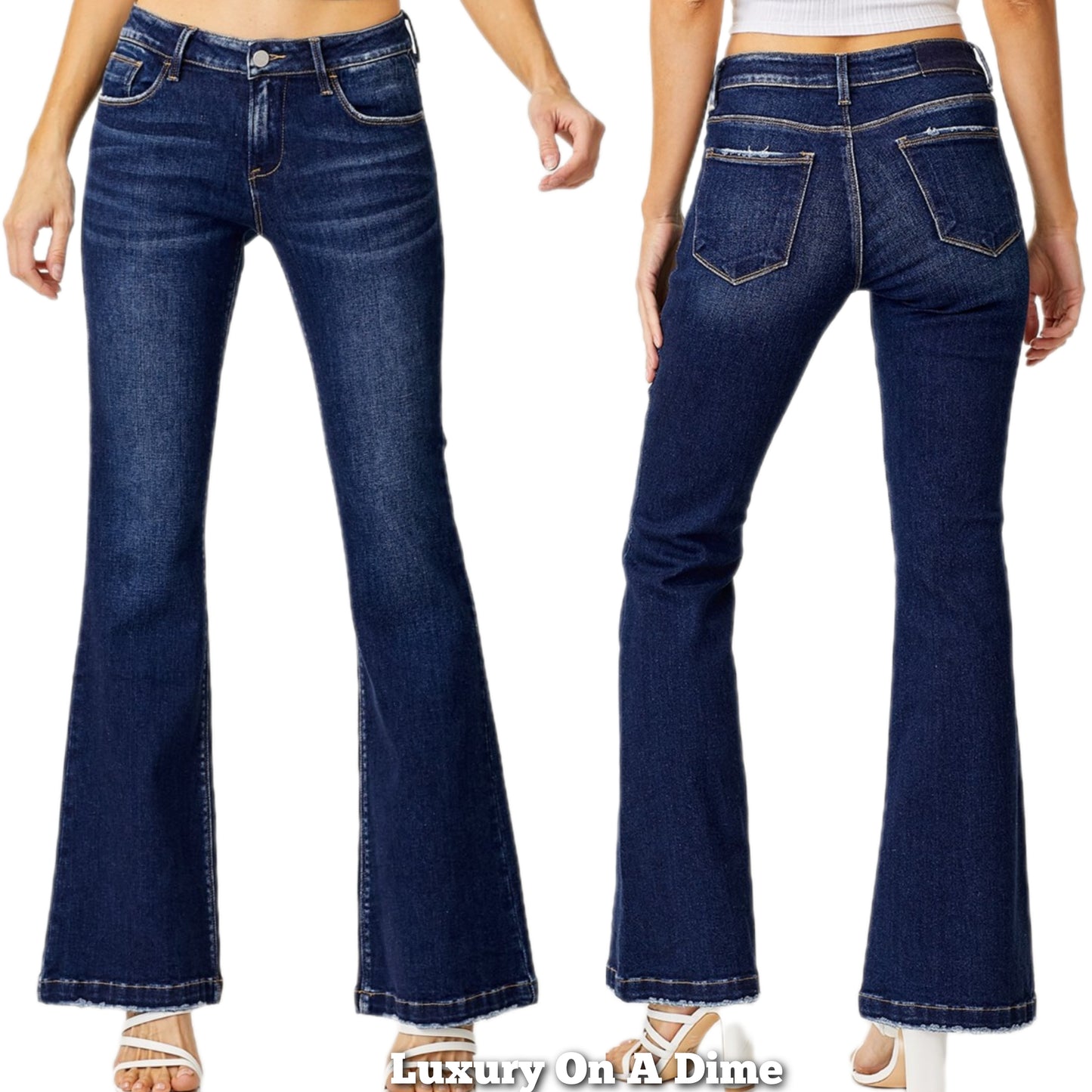 RISEN Low-Rise Waist Slim Jeans Wide Flare Hem Retro Classic Dark Denim Pants