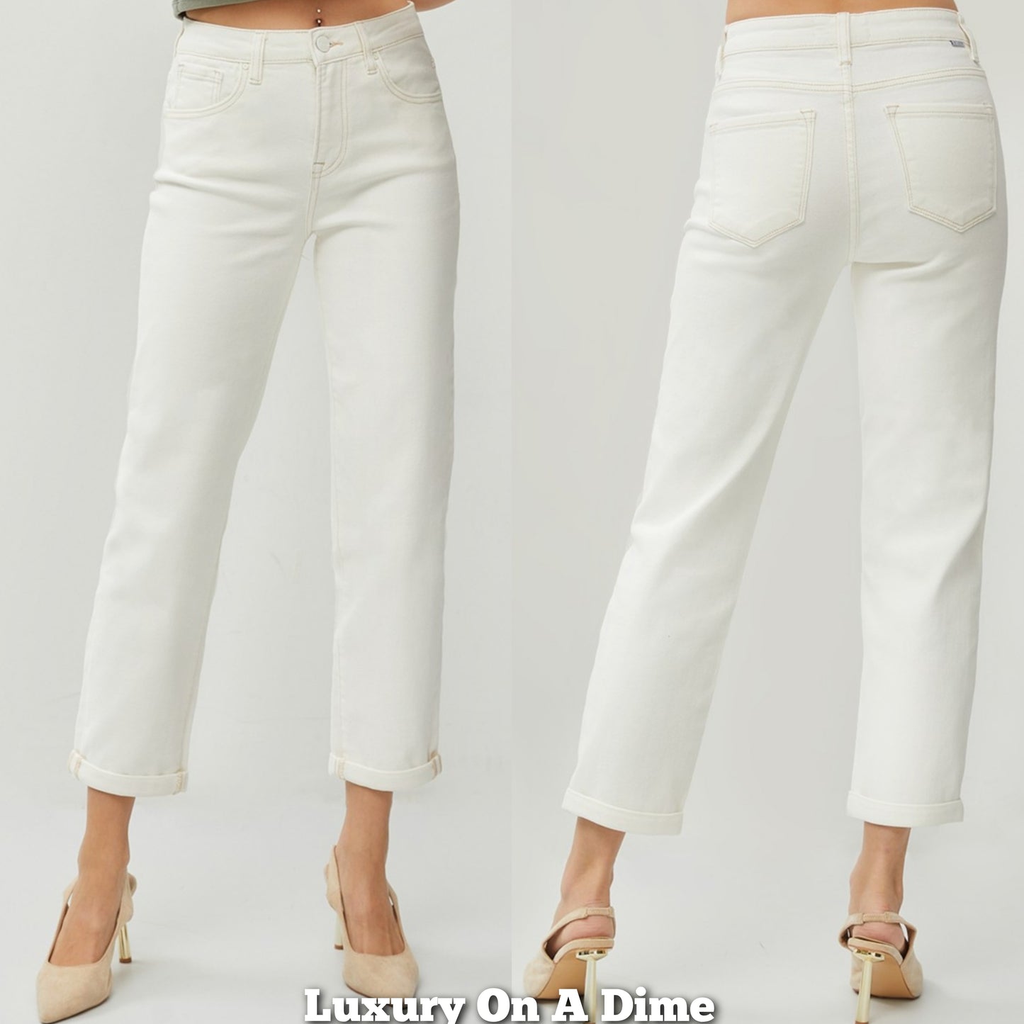 RISEN High-Rise Waist Boyfriend Jeans Straight Leg Rolled Cropped Cuffed Denim Pants