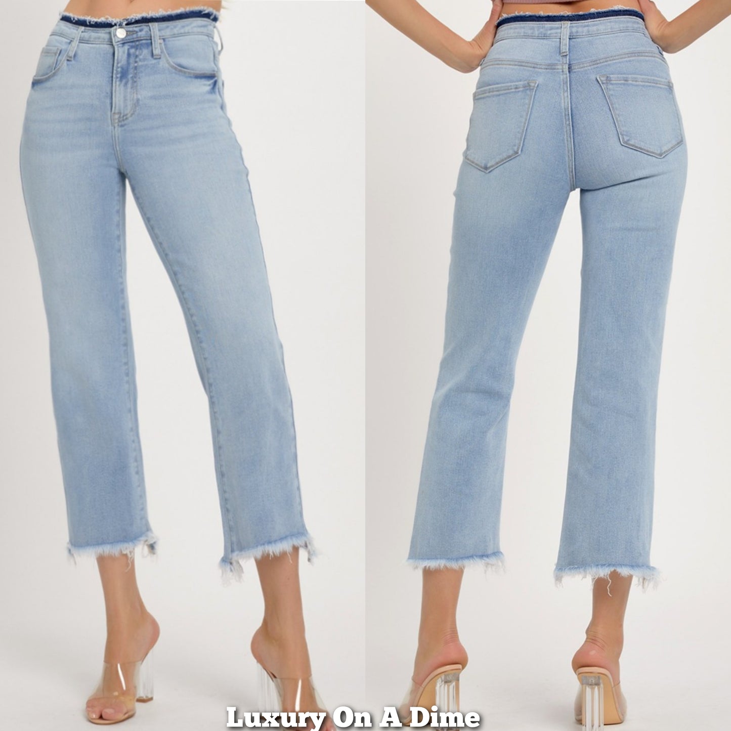 RISEN Slim High-Rise Waist Jeans Distressed Torn Cut-Off Cropped Denim Pants