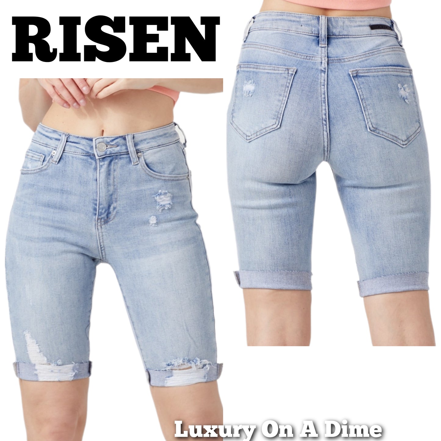 RISEN High Rise Slim Distressed Retro Torn Denim Cuffed Skinny Jean Bermuda Shorts