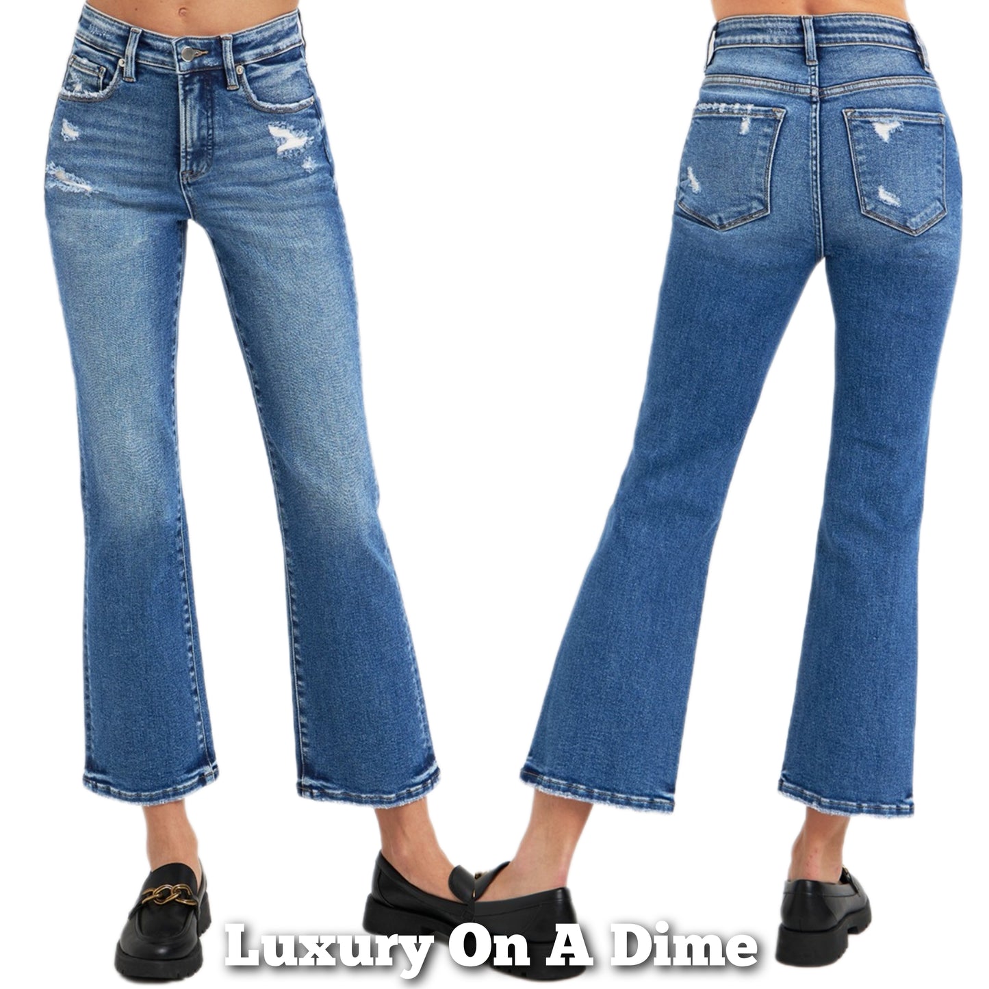 RISEN High-Rise Tummy Control Retro Jeans Distressed Bootcut Ankle Denim Pants
