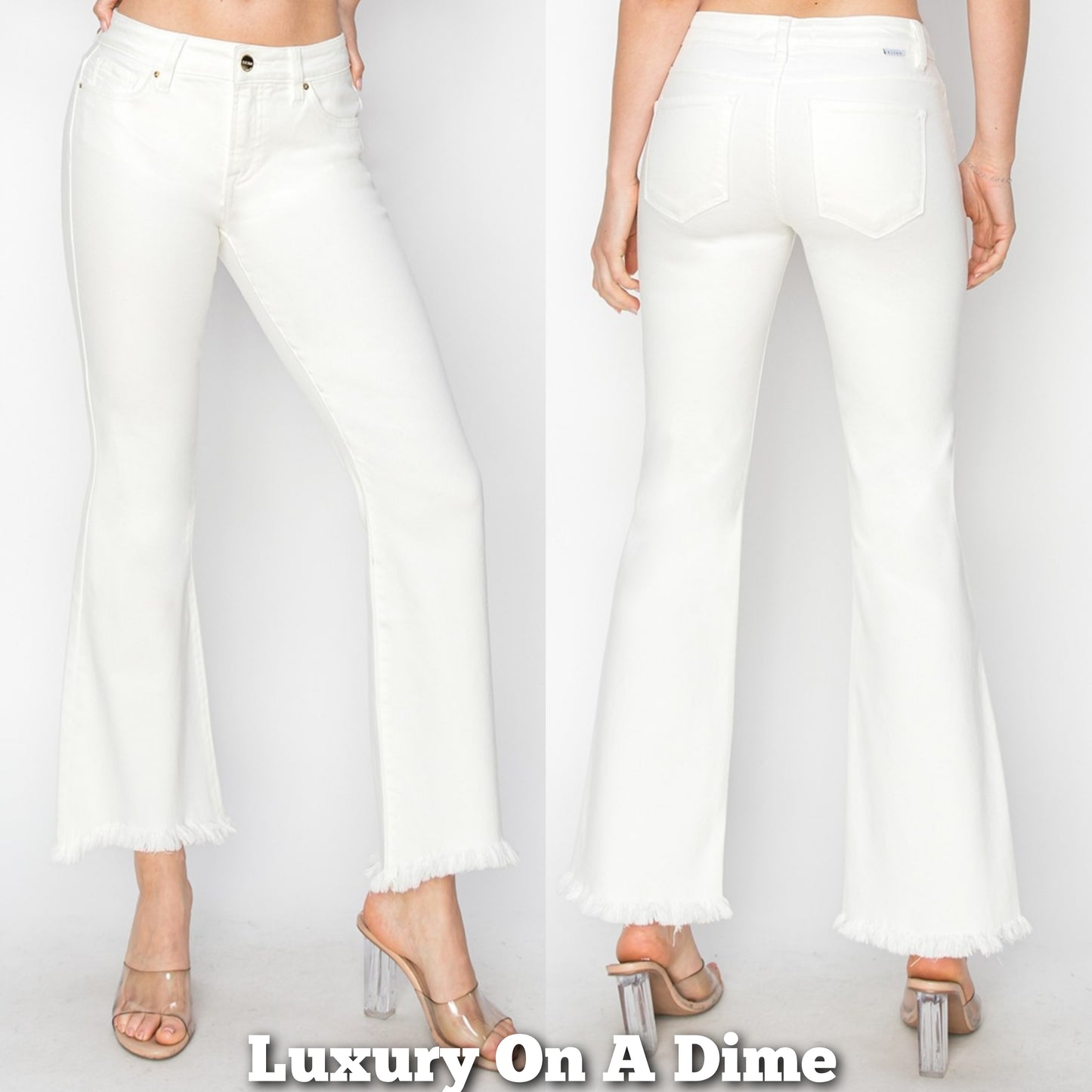 RISEN High-Rise Waist Skinny Fit Denim Pants Cropped Flare Step Hem White Jeans