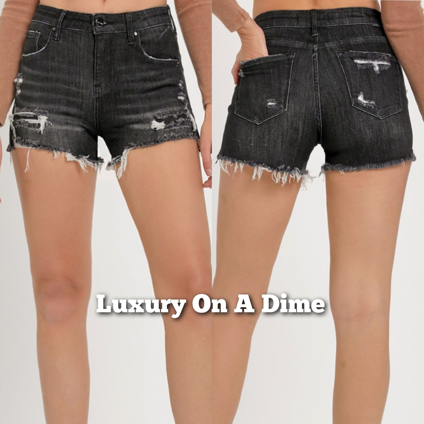 RISEN Mid Rise Distressed Stretch Cut-off Short Jean Shorts Frayed Hem Black Denim