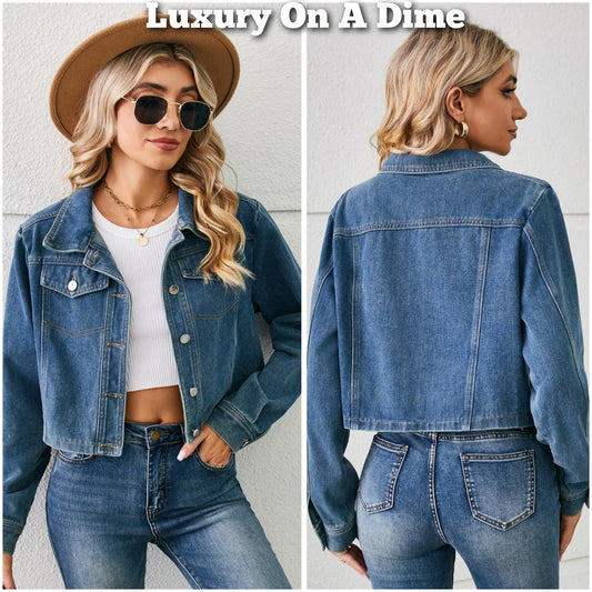 Classic Denim Jacket Blue Jean Long Sleeve Button-up Collar Casual
