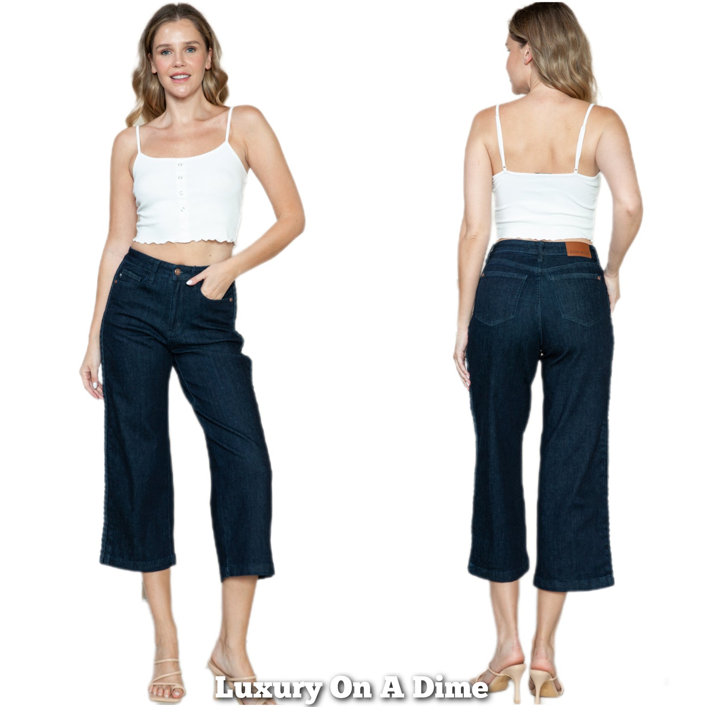 Judy Blue Braided High-Rise Wide Leg Cropped Hem Relaxed Boyfriend Denim Jean Pants