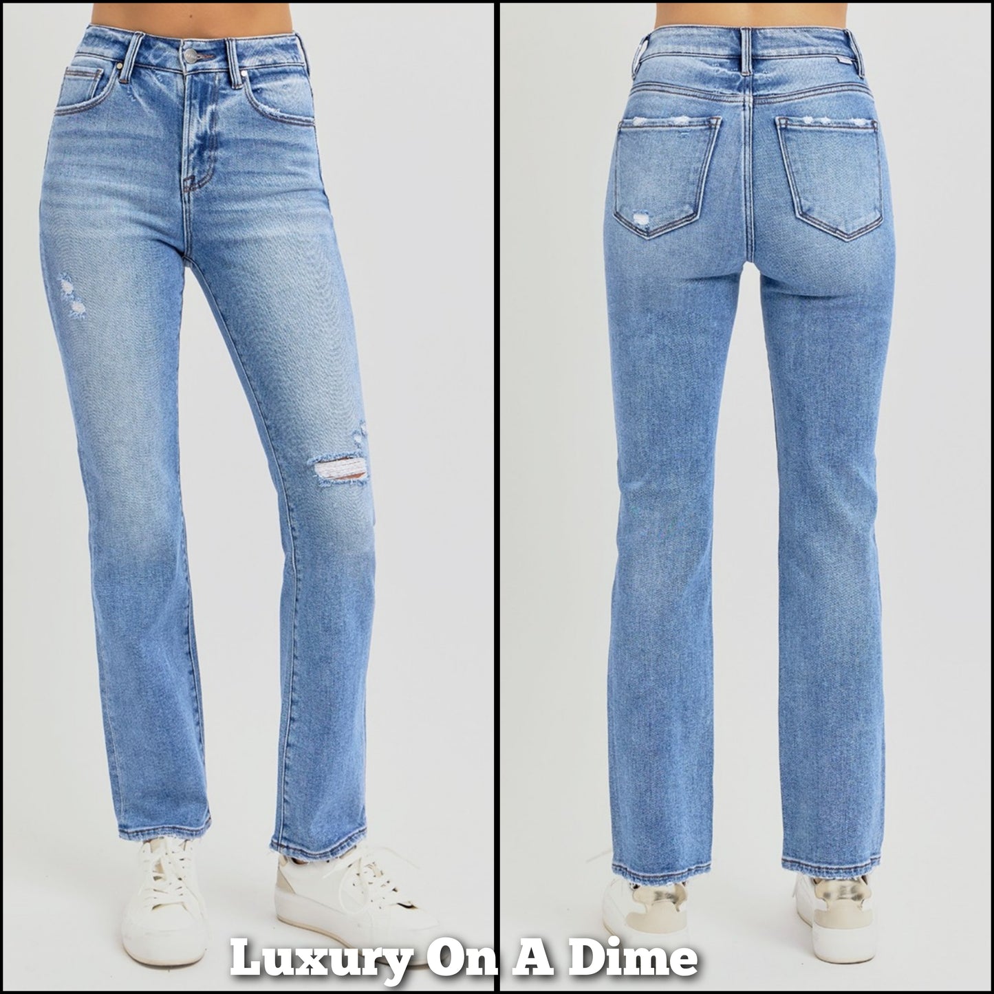 RISEN High-Rise Straight Leg Slim Fit Distressed Ankle Hem Jeans Denim Pants