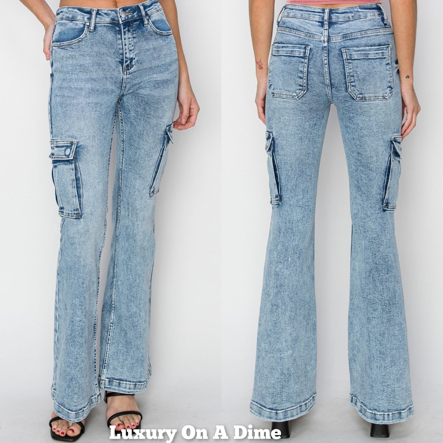 RISEN Retro Cargo High-Rise Slim Flare Tapered Acid Wash Denim Jeans Utility Pants