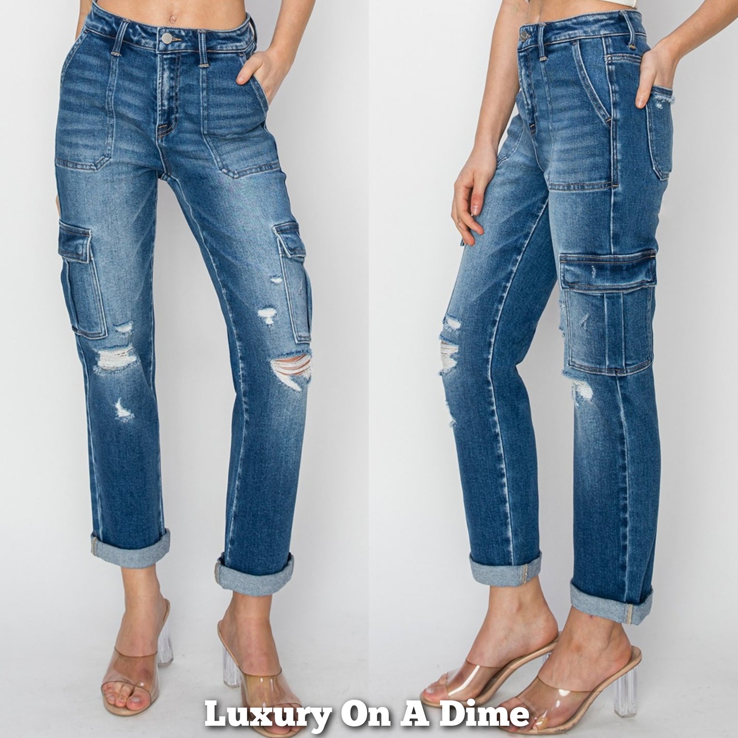 RISEN Retro Cargo High-Rise Distressed Rolled Ankle Crop Denim Jeans Utility Pants