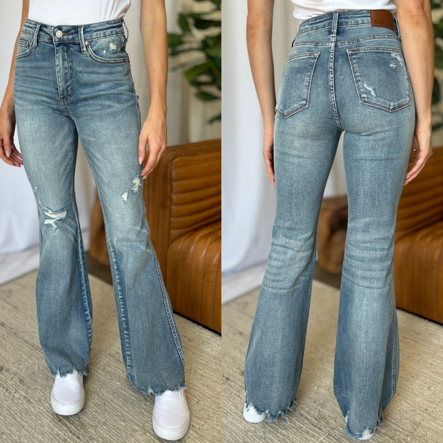 Judy Blue Mid-Rise Tummy Control Jeans Flare Hem Retro Distressed Denim Pants