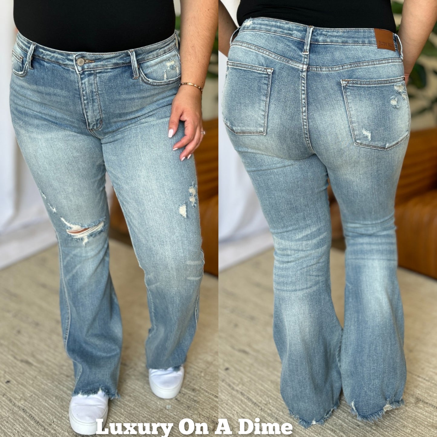 Judy Blue Mid-Rise Tummy Control Jeans Flare Hem Retro Distressed Denim Pants
