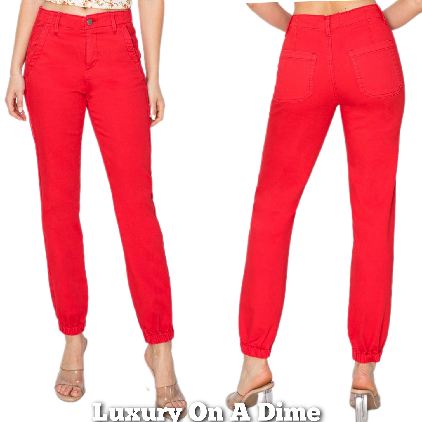 RISEN High-Rise Waist Jogger Pants Ankle Relaxed Straight Leg Red Denim Jeans