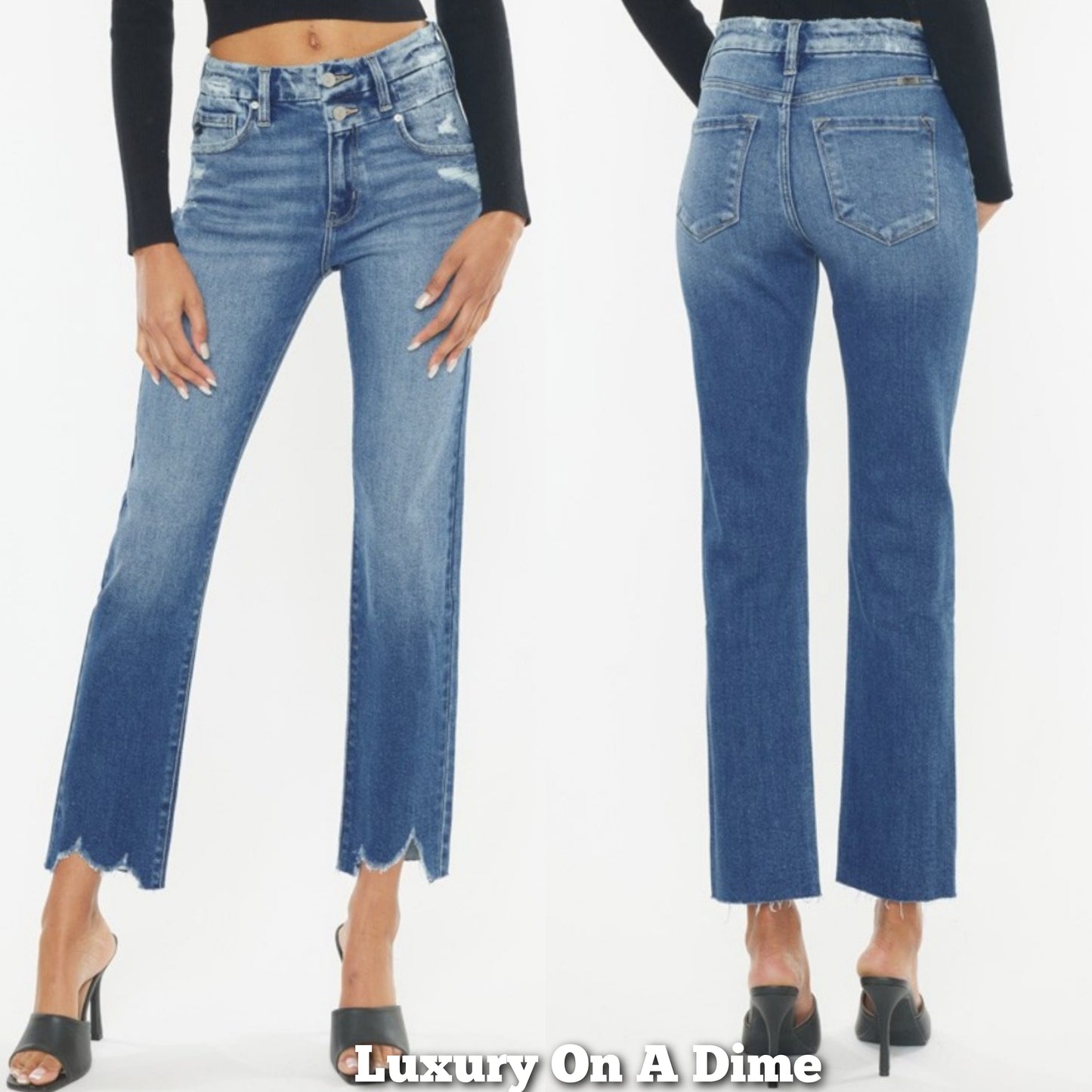 KanCan High-Rise Wide Waistband Double Button Slim Jeans Straight Leg Denim Pants